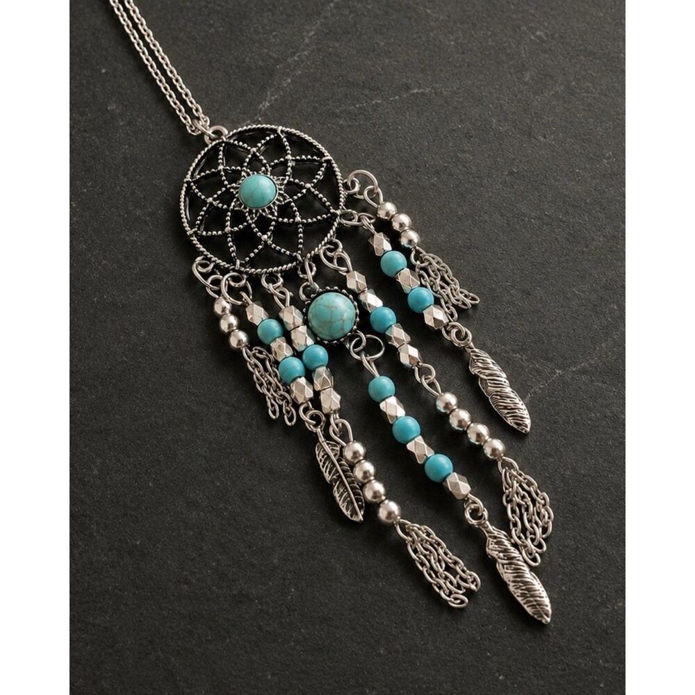 Dreamcatcher Style Pendant Necklace Silver Tone Faux Turquoise